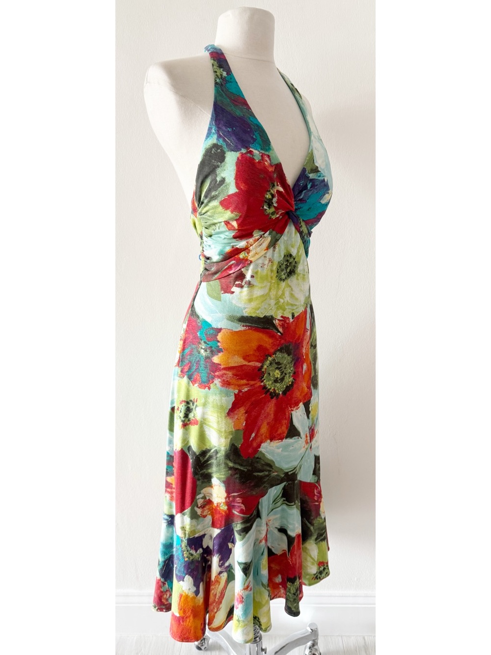 Vintage Cache Y2K Floral Watercolor Print Halter Midi Dress Size 12 - Picture 5 of 7